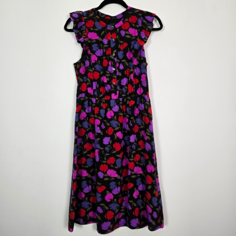 J.Crew Silk Floral Midi Dress Women Preppy Mod Office Size 6 Ruffle Button Front